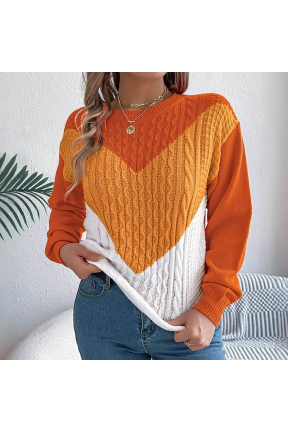 Cable Knit Fall Sweaters Crew Neck Long Sleeve Knitted Orange Pullover Women Color Block Sweaters Women,S