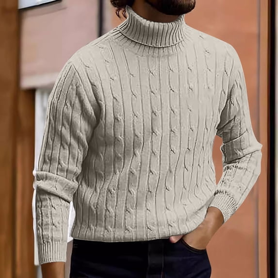 Aobny Cable Knit Men T Shirts Sweater Solid Tees Big & Tall Long Sleeve Turtleneck Mens Shirts,Beige,L