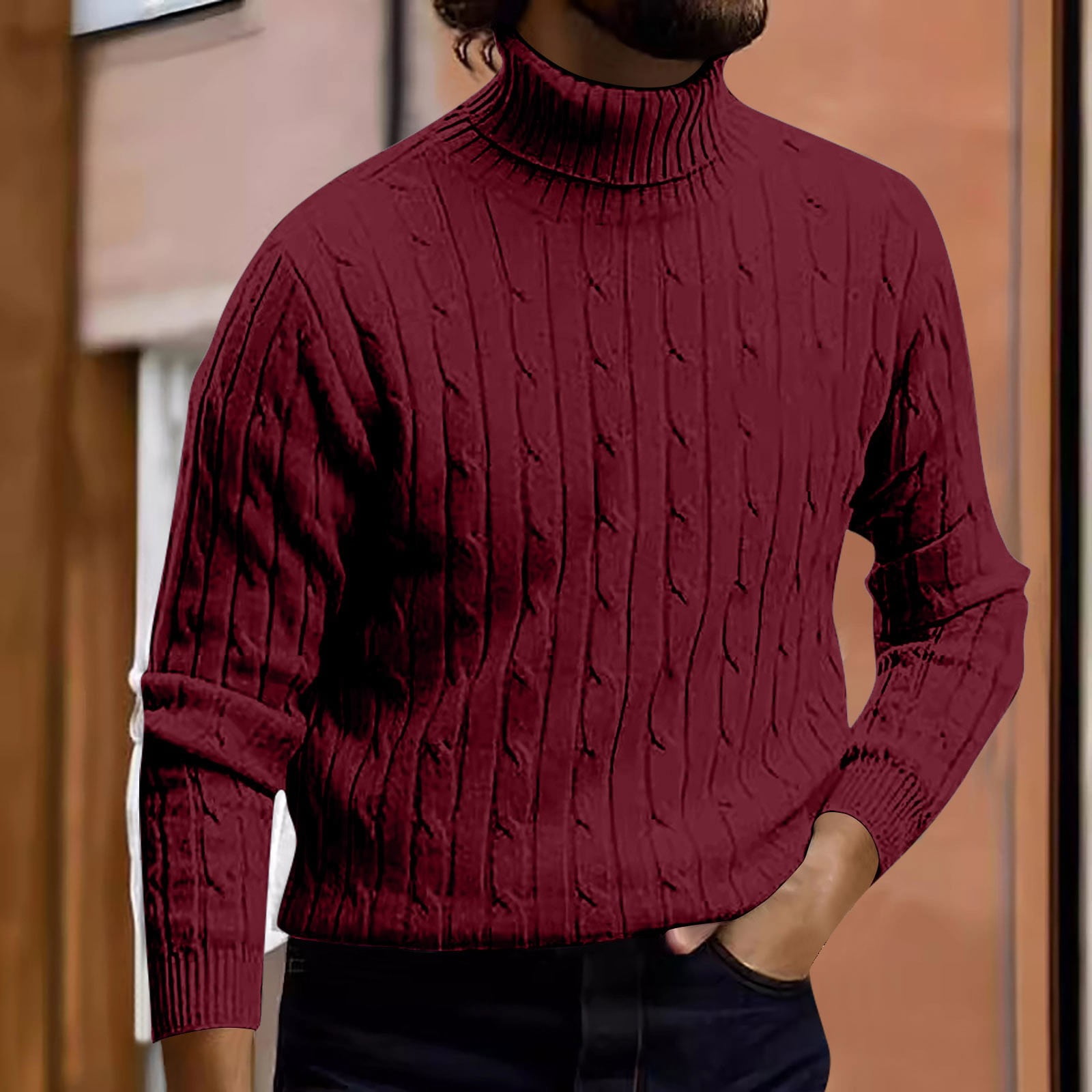 Aobny Cable Knit Men T Shirts Sweater Solid Tees Big & Tall Long Sleeve ...