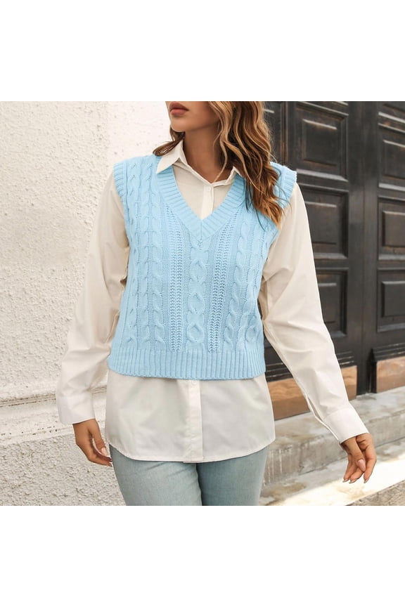 Cable Knit Women Fall Sweaters Sleeveless Lightweight Blue V-Neck Sweater Vests Solid Pullover Fall Tops for Women 2025,M
