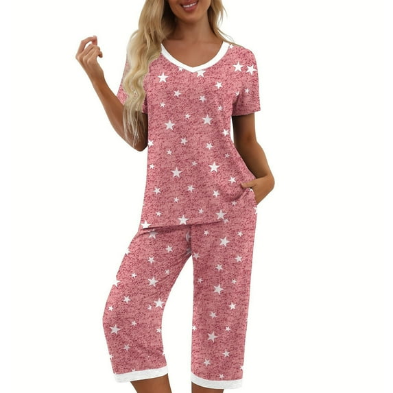 Aobny Capri 2025 Pajamas for Women's Casual Pink Sleepwear Sets Cropped V-Neck Stars Womens Pjs