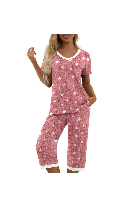 Capri 2025 Pajamas for Women's Spring Pink Sleepwear Sets V-Neck Stars Cropped Womens Pjs