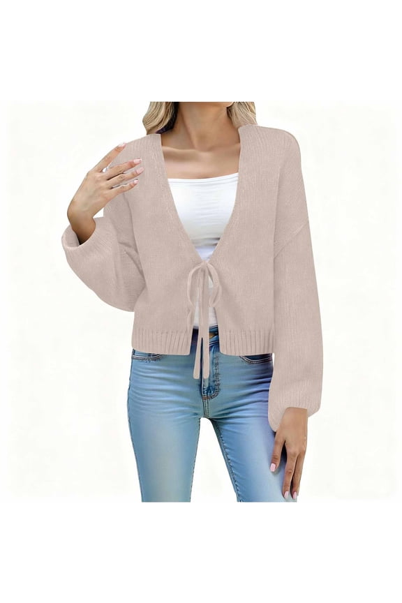 Cardigan Sweater Women Chunky Khaki Long Sleeve Tie Front Clothes V-Neck Plain Cute Plus Size Tops,XL