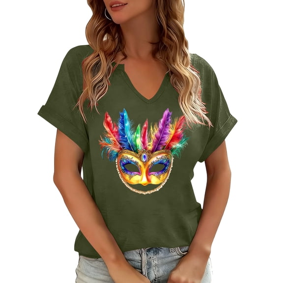 Aobny Carnival Holiday Blouse Mardi Gras Womens Blouse V-Neck Pullover Army Green Short Sleeve Womens Tops Casual,L