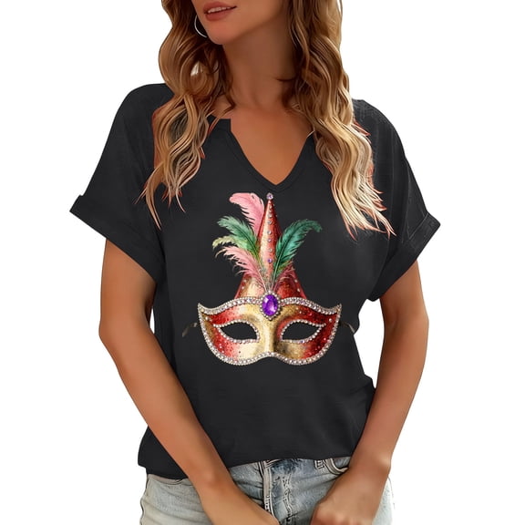 Aobny Carnival Plus Size Blouses for Women Mardi Gras Tops Short Sleeve V-Neck Black Womens Business Casual Tops,XL