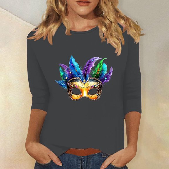 Aobny Carnival Tee Shirts Womens Mardi Gras Blouse 3/4 Sleeve Pullover Gray Crew Neck Elegant Tops for Women,M