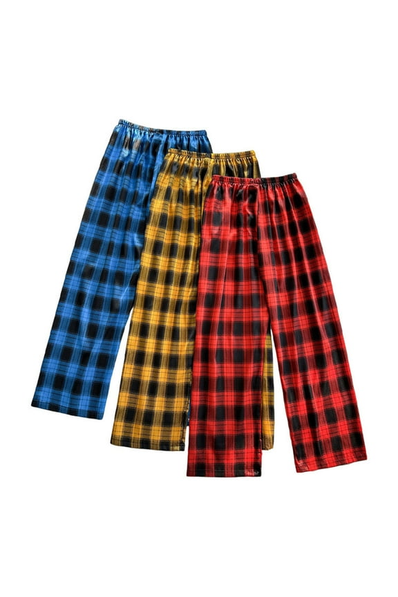Casual Lounge Pajamas for Women's Blue 3 Pack Sleep Pants Plaid Long Straight-Leg Pants for Junior