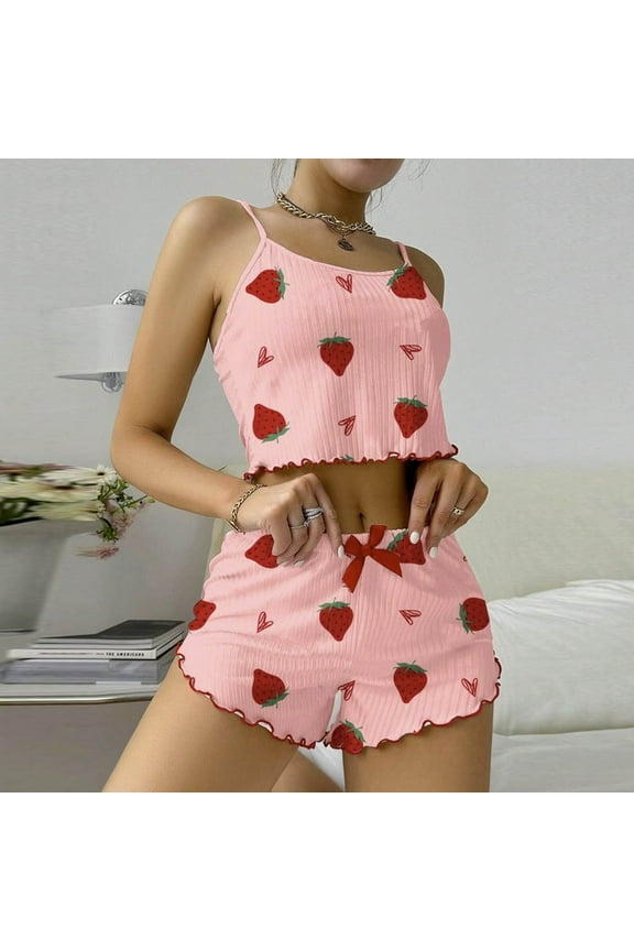 Casual Womans Pajamas Pink Loose Women Halter Short Wide-Leg Sleeveless Strawberry Sets Pjs for Lady Fall