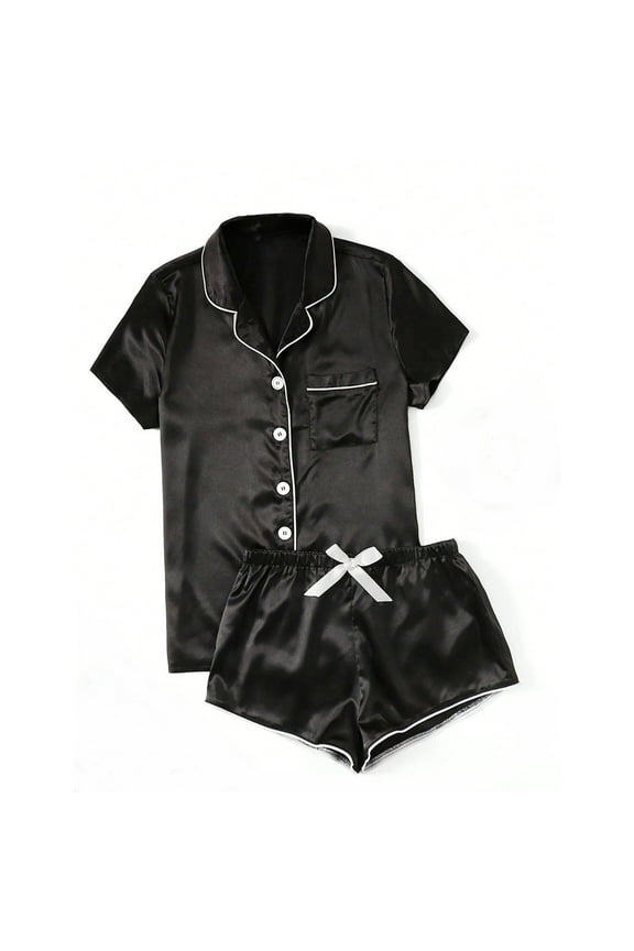 Casual Women's Pajamas Comfy Silk Black Sleepwear Sets Satin Wide-Leg Collared Juniors Pjs