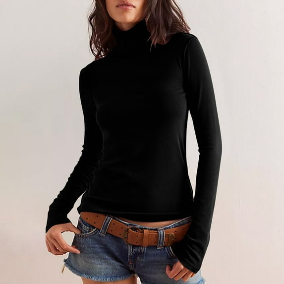 Aobny Casual Womens Shirts Black Basic Solid Long Sleeve Turtleneck Fitted Pullover Ladies Shirts Fancy