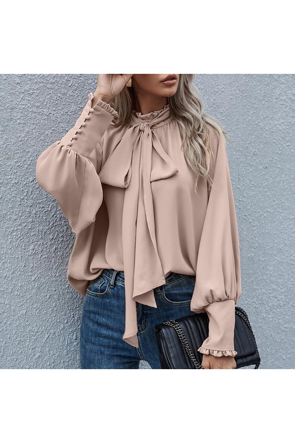 Casual Womens Tops Ruffle Beige Mock Neck Solid Bow Long Sleeve Pullover Tops for Women Winter