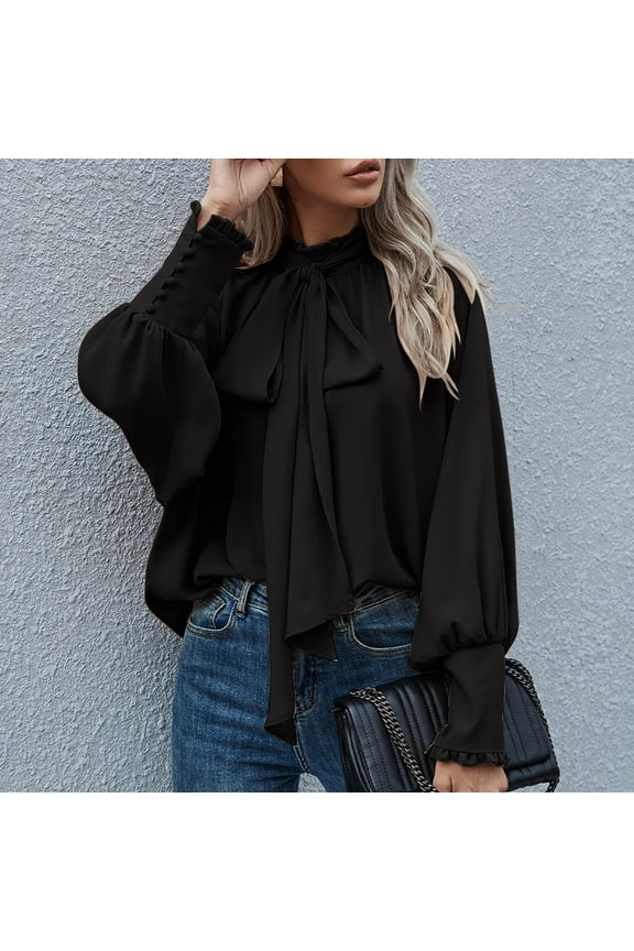Casual Womens Tops Ruffle Black Solid Long Sleeve Bow Mock Neck Pullover Tops for Women Dressy
