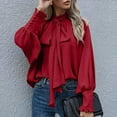 thumbnail image 1 of Aobny Casual Womens Tops Ruffle Red Mock Neck Bow Solid Long Sleeve Pullover Tops for Women Trendy, 1 of 1
