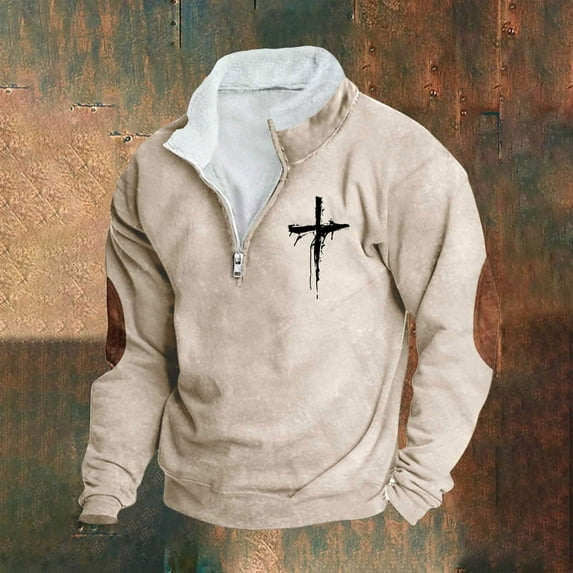 Aobny Christian Hoodie Pullover 1/4 Zip Beige Mock Neck Shirts Men Tshirts,XXL