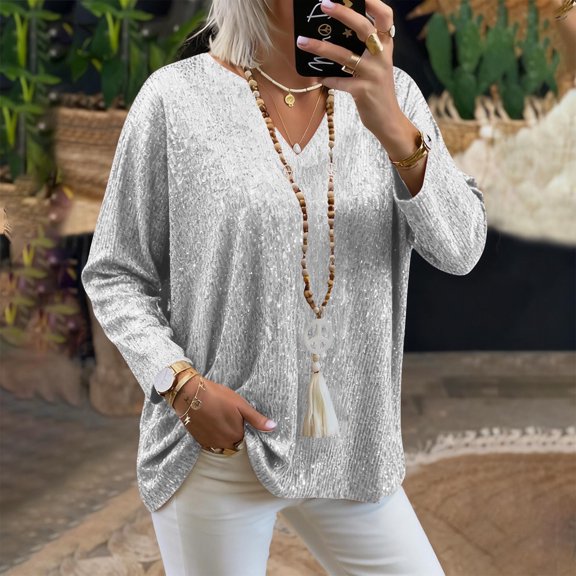 Aobny Christmas Shirt Women Sparkly Sequin Blouse Pullover V-Neck Long Sleeve White Athletic Tops for Women,M