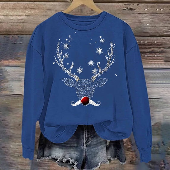 Aobny Christmas Womens Casual Tops Long Sleeve Crew Neck Blue Sweatshirts Pullover Holiday Hoodie Low Cut Tops for Women,M