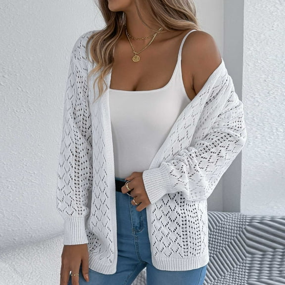Aobny Chunky Fall Sweaters Women Long Sleeve Cardigan Lace White Shirts Open Front Beach Tops,S