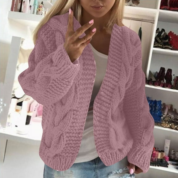 Aobny Chunky Sweater Pink Cardigan Long Sleeve Cable Knit Outfits Open Front Women Winter Clothes for Women,S