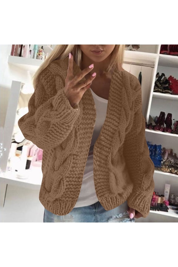 Chunky Winter Sweaters for Women Cardigan Cable Knit Khaki Long Sleeve Clothing Open Front Plus Size Womens Clothing,L