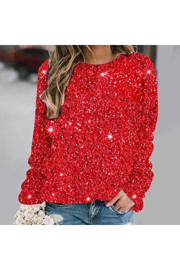 Classy Shirts for Women Red Sweatshirt Crew Neck Sparkly Long Sleeve Graphic Pullover Tops for Lady Summer
