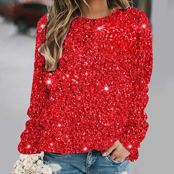Aobny Classy Shirts for Women Red Sweatshirt Graphic Crew Neck Sparkly Long Sleeve Pullover Tops for Lady Soft