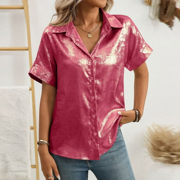 Aobny Classy Tops for Women Metallic Pink Sparkly Shirt Short Sleeve V-Neck Trendy Tops,XL