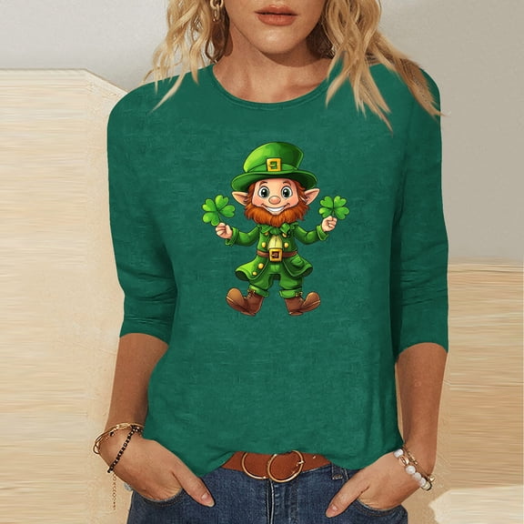 Aobny Clovers Winter Blouses for Women St Patrick's Tshirt Green Pullover 3/4 Sleeve Crew Neck Womens Blouses Dressy,S