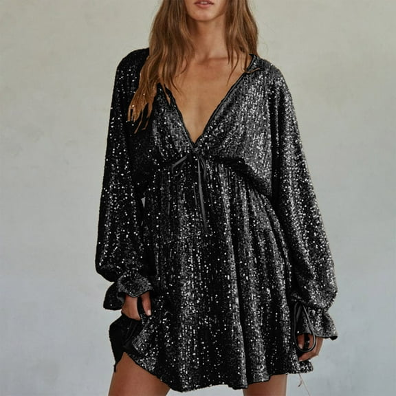 Aobny Club Summer Dresses for Women 2025 Plus Black A-Line Long Sleeve Sequin Mini Casual Dresses