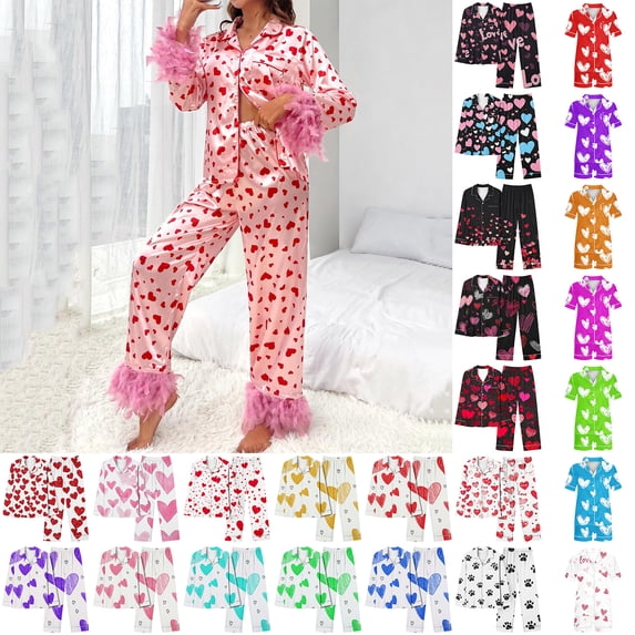 Aobny Collared Valentines Pajamas for Women 2 Piece Heart Pjs Long Sleeve with Pants Ladies Pajamas Sets,Purple,S