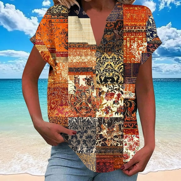 Aobny Color Block Tops for Women Trendy Brown Cap Sleeve T-shirts Short Sleeve Western V-Neck Spring Tops Women,M