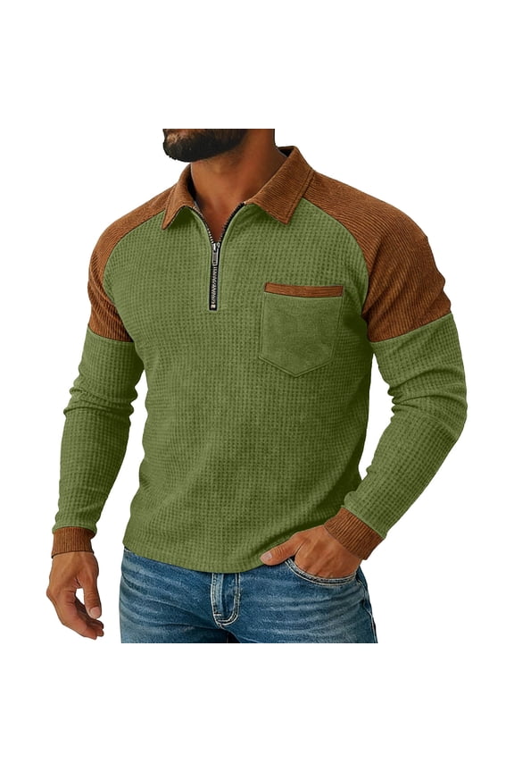 Color Block Tshirt for Men Waffle Zip T-Shirts Turtleneck Long Sleeve Big & Tall Tee Shirts,Green,L