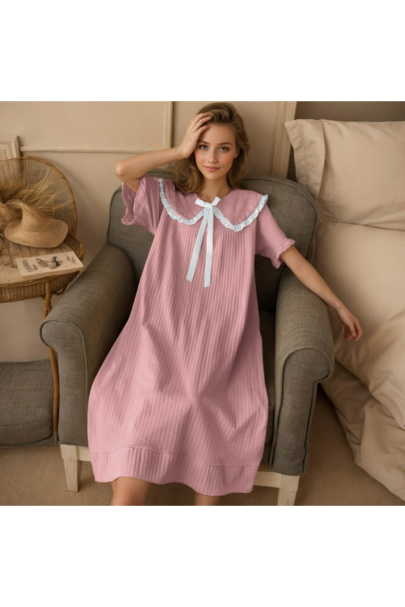 Comfort Nightgowns for Women's Plus Pink Ruffle Moomoo Nightgowns Short Sleeve Collared Long Womens Pjs Summer