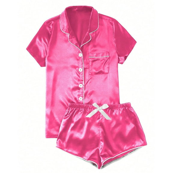 Aobny Comfort Women's Pajamas Silk Pink Fancy Sleepwear Sets Collared Wide-Leg Satin Juniors Pjs
