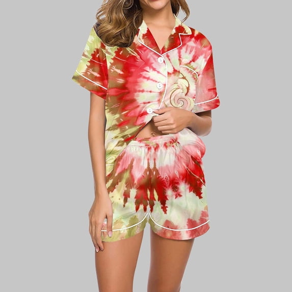 Aobny Comfort Women's Pajamas Summer Cooling Red Sleepwear Sets Short Short Sleeve Collared Tie-Dye Pants for Junior