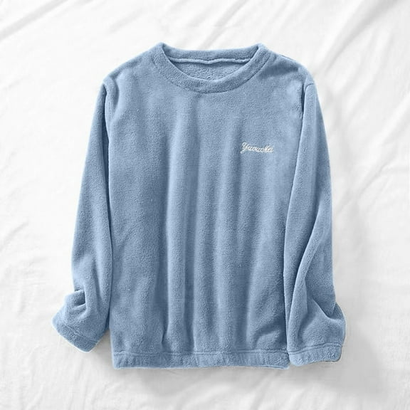 Aobny Comfort Womens Pajamas Warm Flannel Blue Solid Crew Neck Long Sleeve Sleep Tops Pjs for Adult Winter