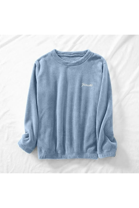Comfort Womens Pajamas Warm Flannel Blue Solid Crew Neck Long Sleeve Sleep Tops Pjs for Adult Winter