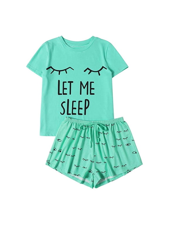 Comfy Pajamas for Women Set 2 Piece Green Cooling Plus Size Letter Short Sleeve & Shorts Pajamas for Teen Set Soft