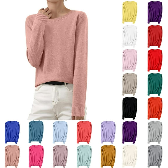 Aobny Comfy Tops for Woman Blue Sweater Crew Neck Long Sleeve Solid Knitted Pullover Juniors Tops Date Night
