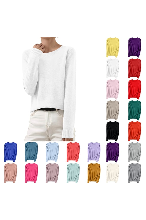 Comfy Tops for Woman Yellow Sweater Solid Crew Neck Long Sleeve Knitted Pullover Juniors Tops Fancy