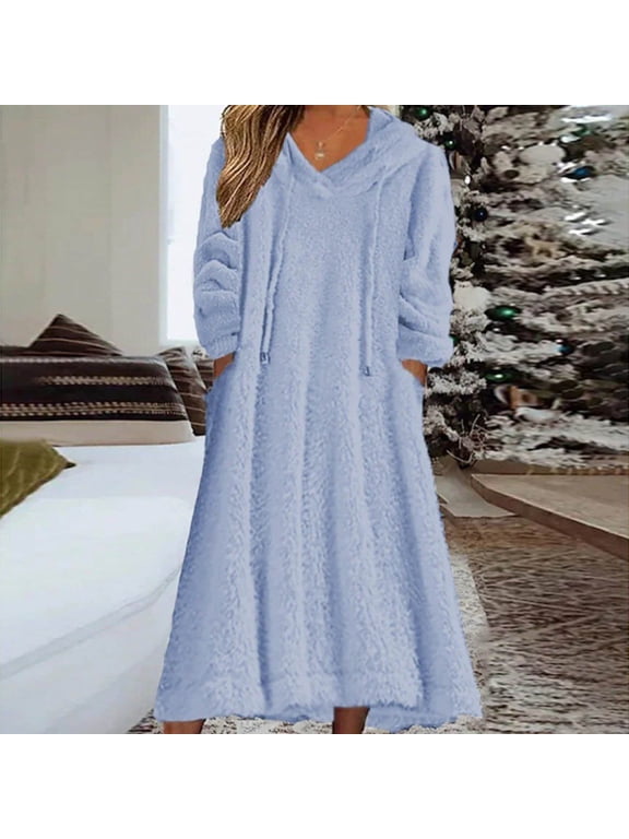 Comfy Women's Nightgowns Blue Flannel Nightgowns Long Long Sleeve Hooded Womens Shirts Fancy