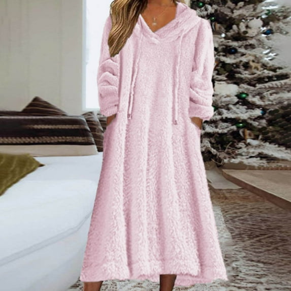 Aobny Comfy Women's Nightgowns Pink Flannel Nightgowns Hooded Long Long Sleeve Womens Shirts Spring