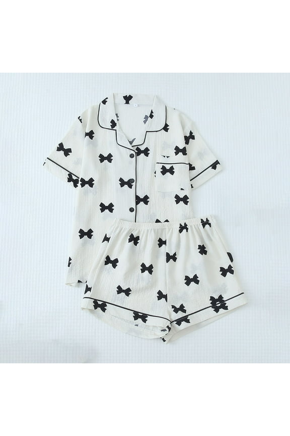 Cooling Lounge Women's Pajamas White Sleep Sleepwear Sets Bow Wide-Leg Collared Short Sleeve Short Teens Pants