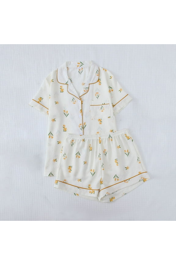 Cooling Spring Women's Pajamas Yellow Fitted Sleepwear Sets Floral Short Collared Short Sleeve Teens Pants