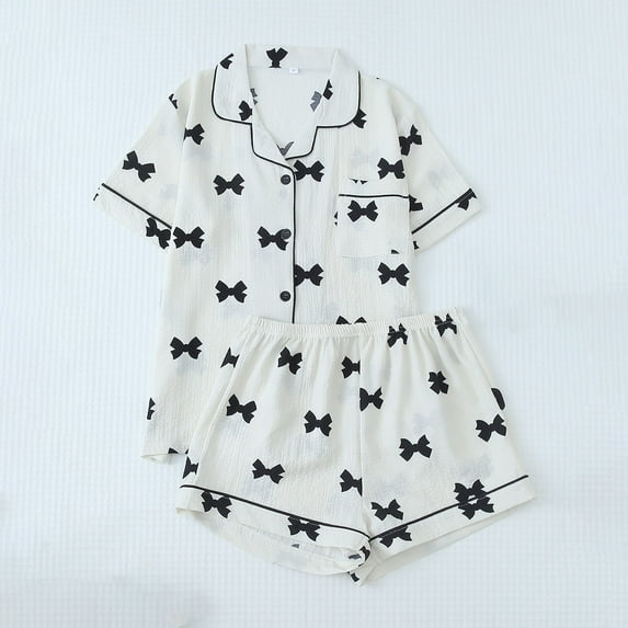 Aobny Cooling Summer Women's Pajamas Fitted White Sleepwear Sets Wide-Leg Short Short Sleeve Bow Collared Teens Pants