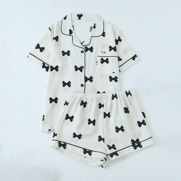 Aobny Cooling Summer Women's Pajamas Fitted White Sleepwear Sets Wide-Leg Short Short Sleeve Bow Collared Teens Pants