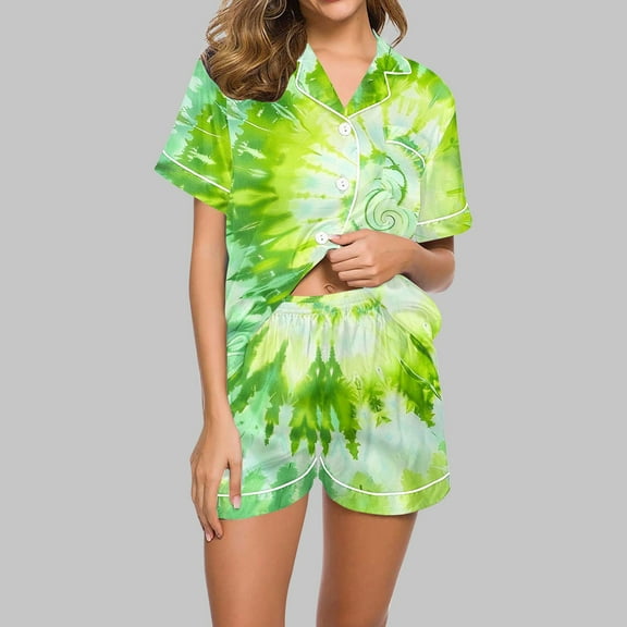Aobny Cooling Trendy Women's Pajamas Spring Green Sleepwear Sets Tie-Dye Short Collared Short Sleeve Pants for Junior