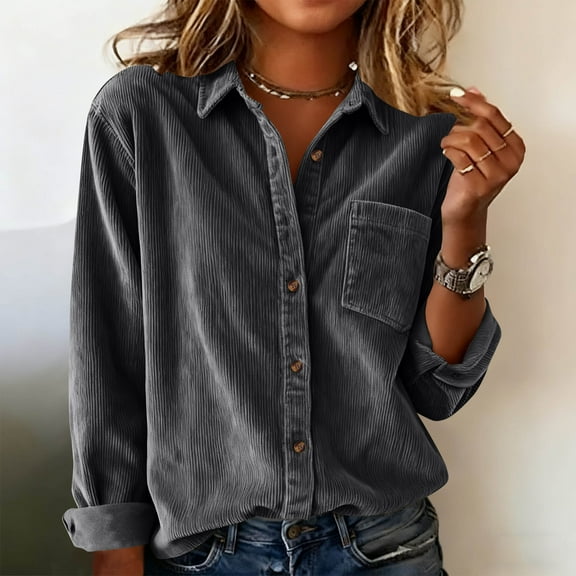 Aobny Corduroy Funny Shirt Women Cotton Clothe Long Sleeve Gray Button-Up Collared Womens Business Casual Tops,L