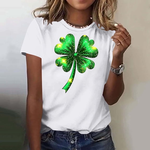 Aobny Cotton Blouse for Women St Patrick's Tshirts Crew Neck Short Sleeve Pullover White Christmas Blouses for Women,XL