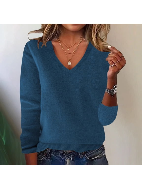 Cotton Comfort Womens Sweaters Blue V-Neck Long Sleeve Stockinette Pullover Fitted Sweaters for Adult Casual