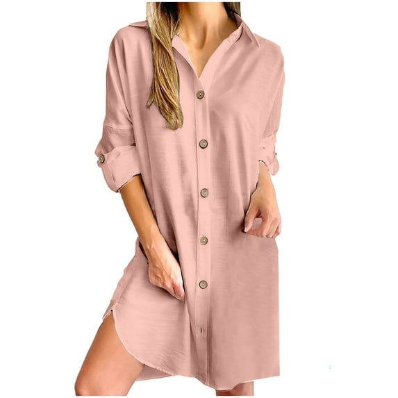 Aobny Cotton Dressy Dresses for Women Pink Linen Shirt Dress Long Sleeve Collared Mini Dresses Summer